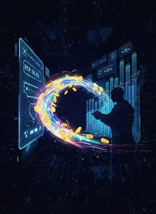 Silhouette of a person standing in front of futuristic digital screens displaying RTP percentages, charts, and gaming icons, while colorful glowing coins swirl in a circular motion in a cyber-themed environment.