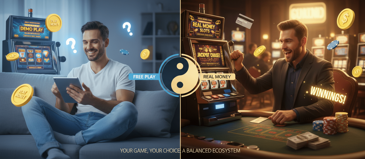 Comparison image of free play online casino games on a tablet versus real money slot machine gaming with cash winnings.