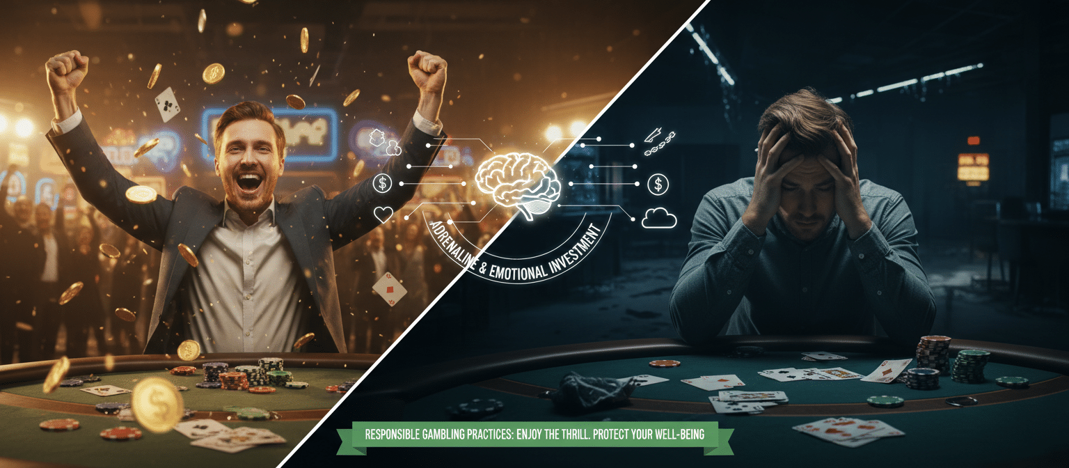Split image showing the emotional contrast of casino gambling, with a man celebrating a big win at a poker table on one side and a stressed player facing losses on the other, highlighting the risks and rewards of real money gambling and responsible gaming.