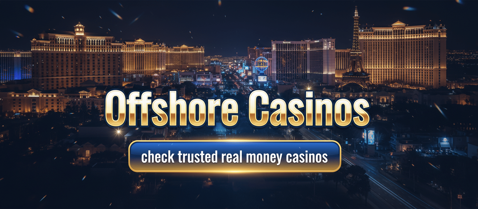 Las Vegas Strip skyline at night with illuminated casino resorts and the text “Offshore Casinos – check trusted real money casinos,” representing offshore online casino options for real money play.