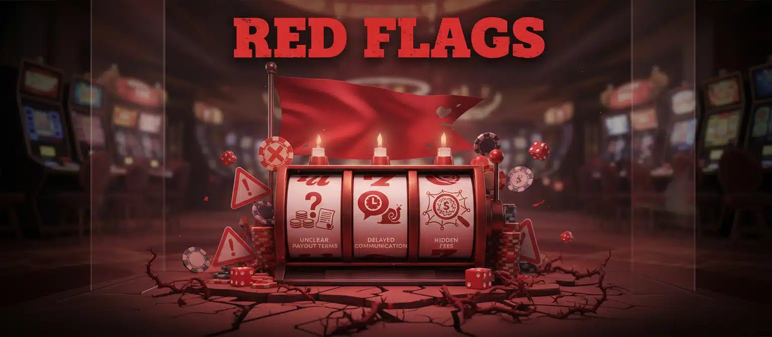 Illustration of a red-themed casino scene showing a slot machine under the heading “RED FLAGS.” The slot reels display warnings labeled “Unclear payout terms,” “Delayed communication,” and “Hidden fees.” Red warning signs, dice, poker chips, and cracked ground surround the machine, with a red flag on top, symbolizing caution and risk in gambling or financial offers.