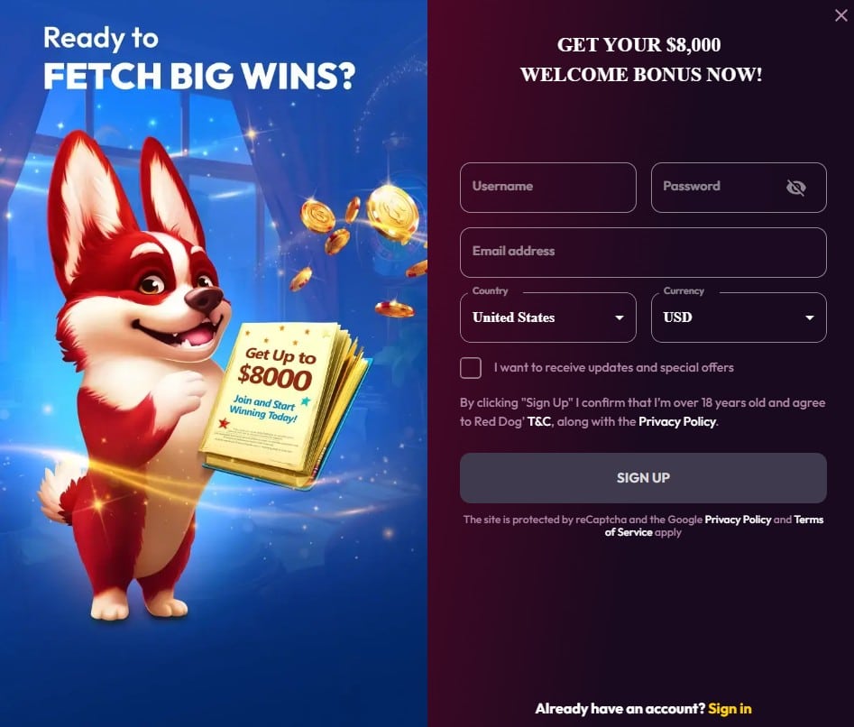 Red Dog casino login screen. Half of the screen shows the Red dog holding the bonus of up to $8000 for new players, and the other half of the screen is where people may enter their details for signing up.