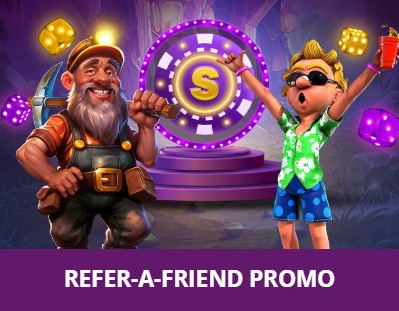 Super Slots Refer-a-Friend promo banner featuring two animated characters celebrating in front of a glowing prize wheel with golden dice and chips.