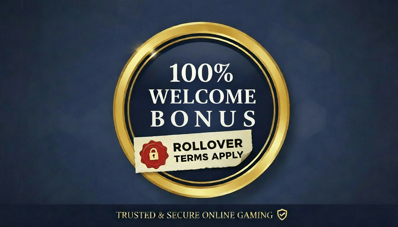 Online gaming promotion featuring a gold-bordered emblem with dark blue background, highlighting '100% Welcome Bonus', a red seal icon stating 'Rollover Terms Apply', and footer text 'Trusted & Secure Online Gaming'