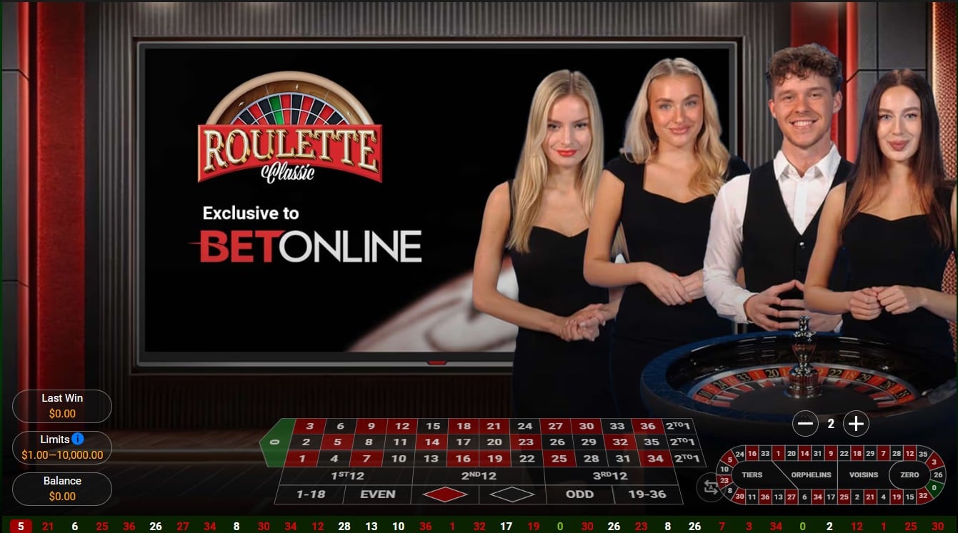 Online casino roulette banner with three women and а man - live dealers.
