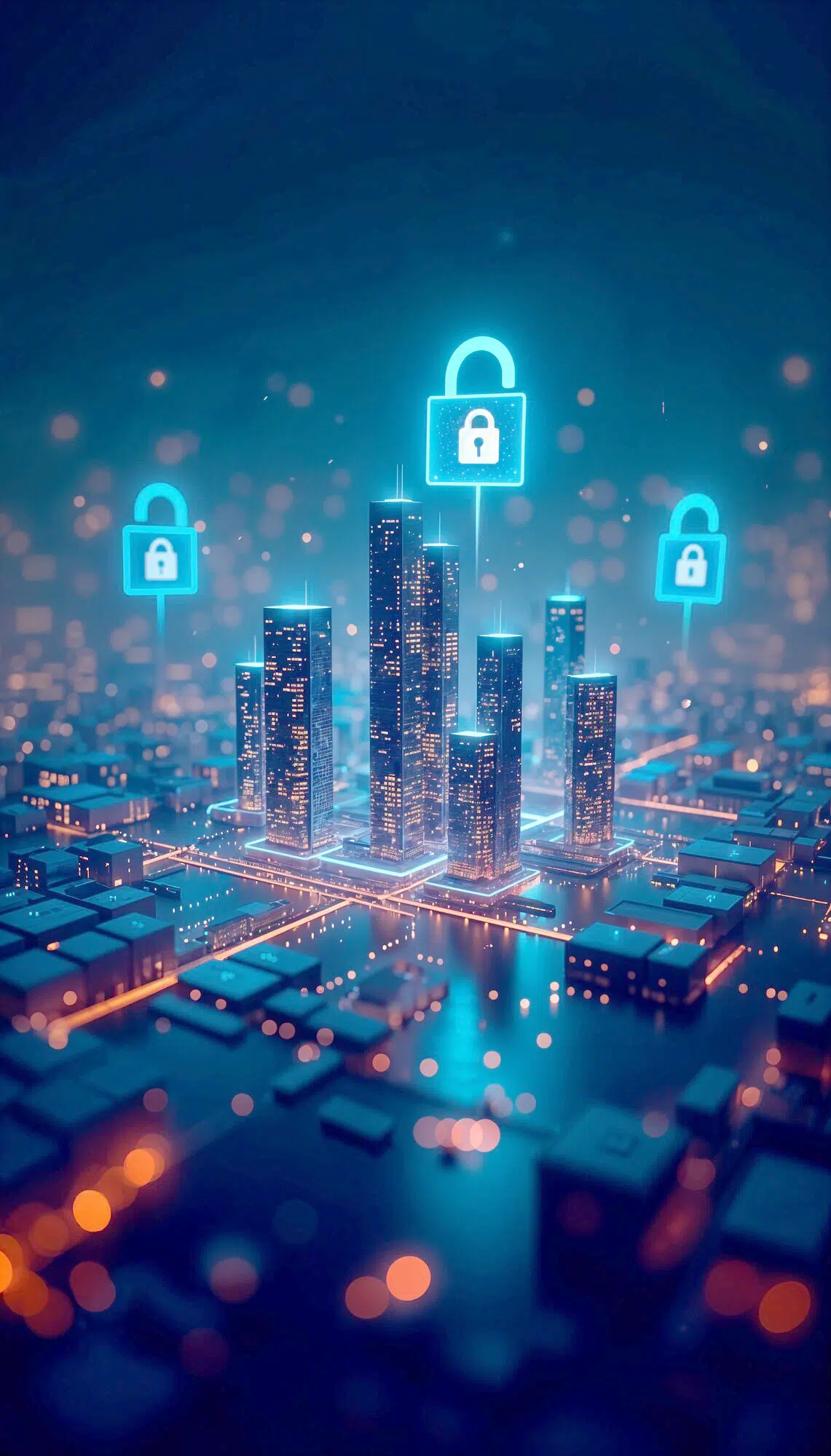 A banner in mostly blue colors, urban style, with tall buildings. There are graphic padlocks that symbolize safety.