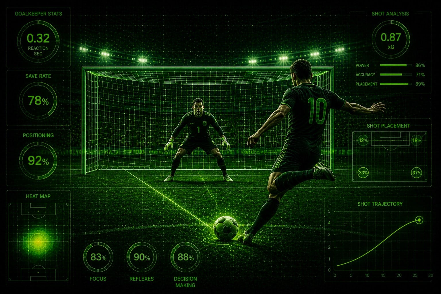 Futuristic football scene with neon green lighting: a goalkeeper crouched and focused in front of the goal while a striker approaches the ball and swings forward to shoot.