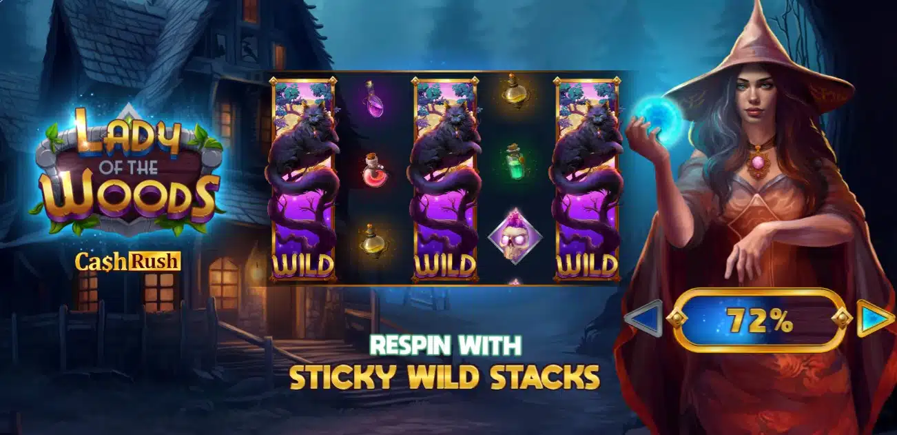 A banner of the slot game Lady of the Woods.