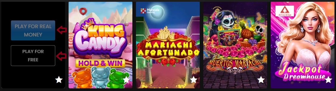 An online casino banner that shows the player's option to play for free or for real money.