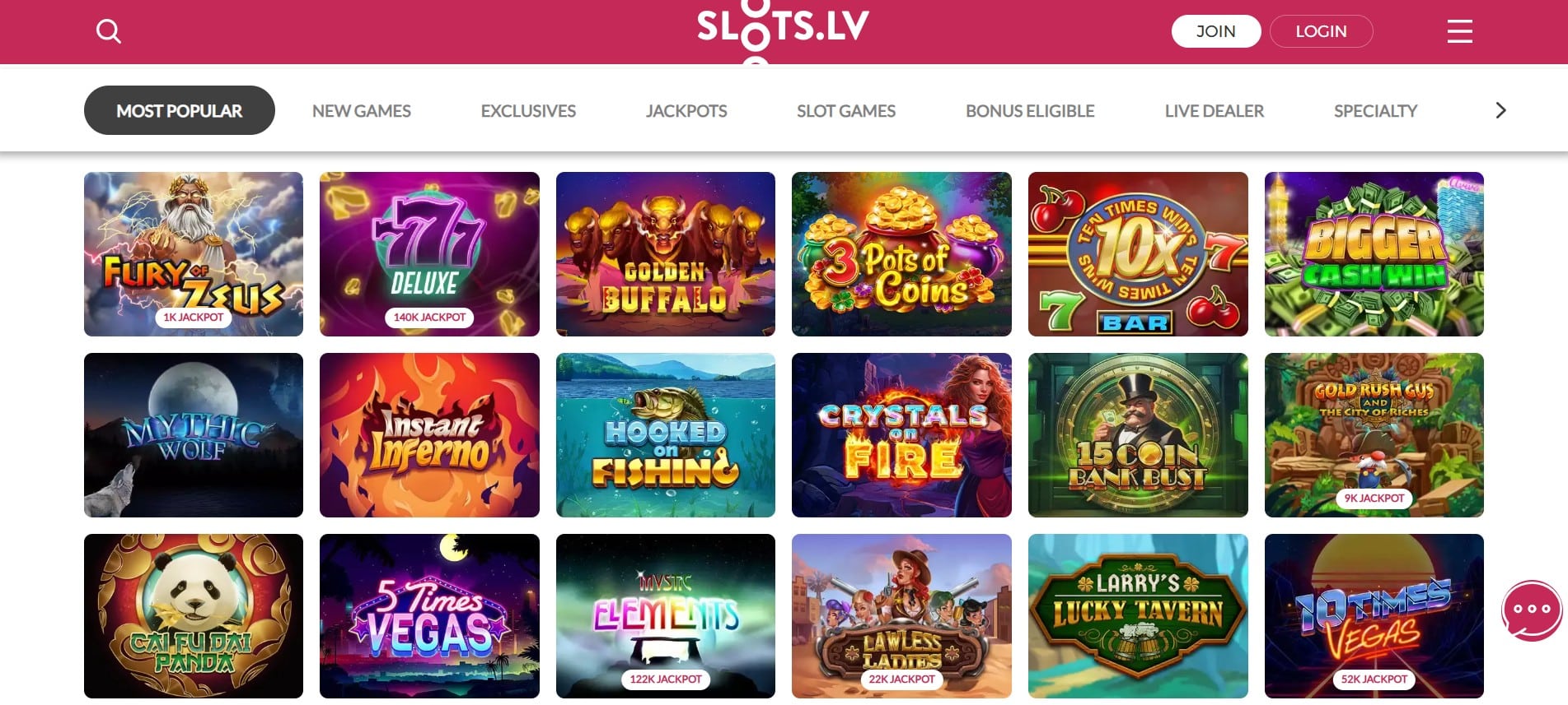 A banner from the Slots LV casino website displaying the range of the offered games