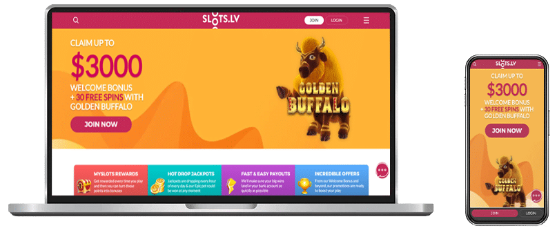 An image of the Slots.LV website desktop and mobile design
