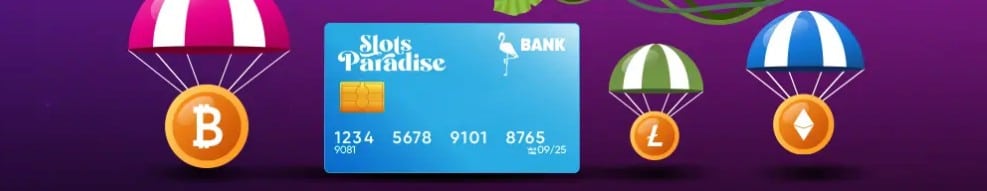 A purple banner at Slot Paradise showing a cryptocurrency attached to a parachute and a bank card - the casino's payment methods