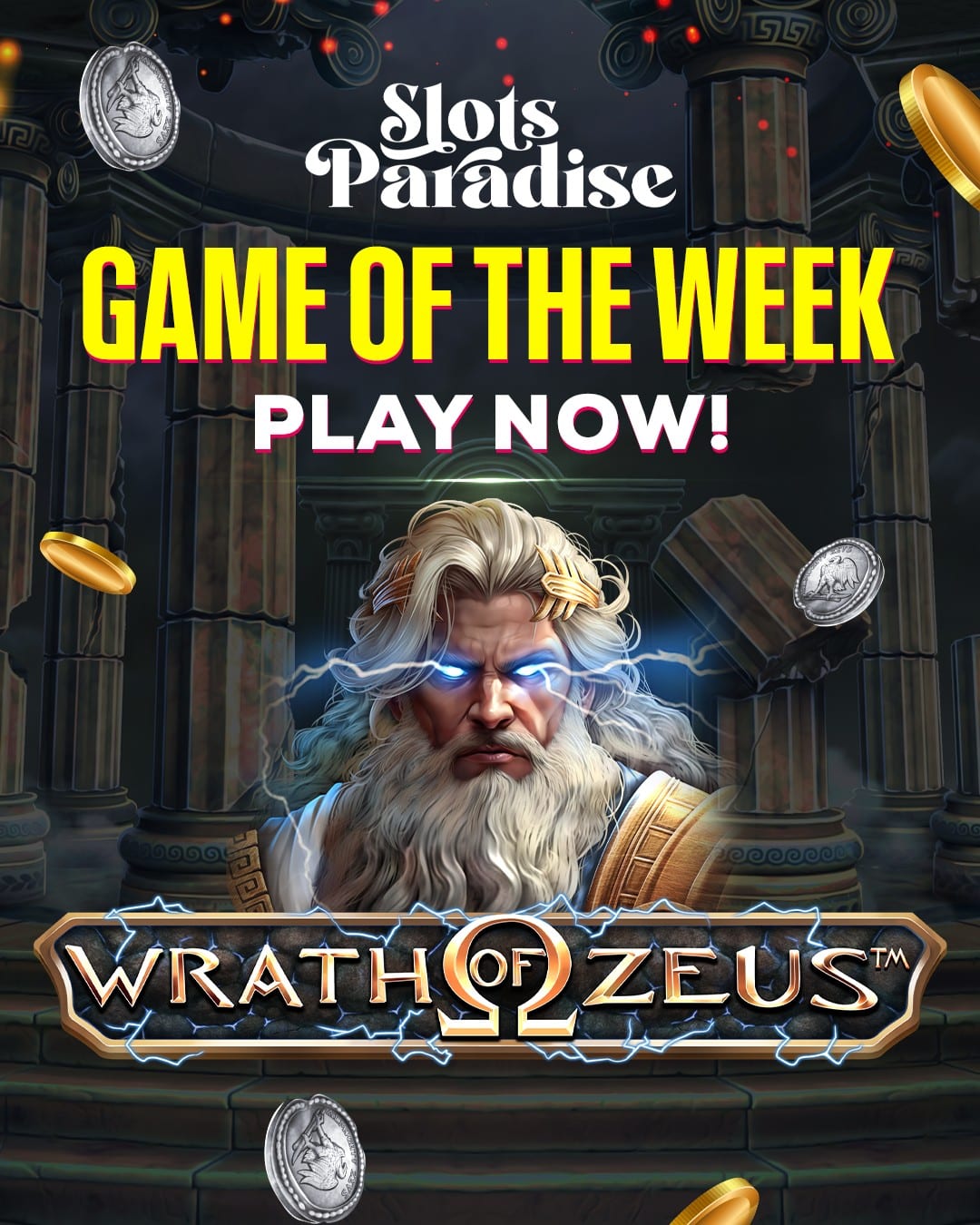 A graphic with Zeus showing the game of the week on the Facebook page of Slots Paradise casino 