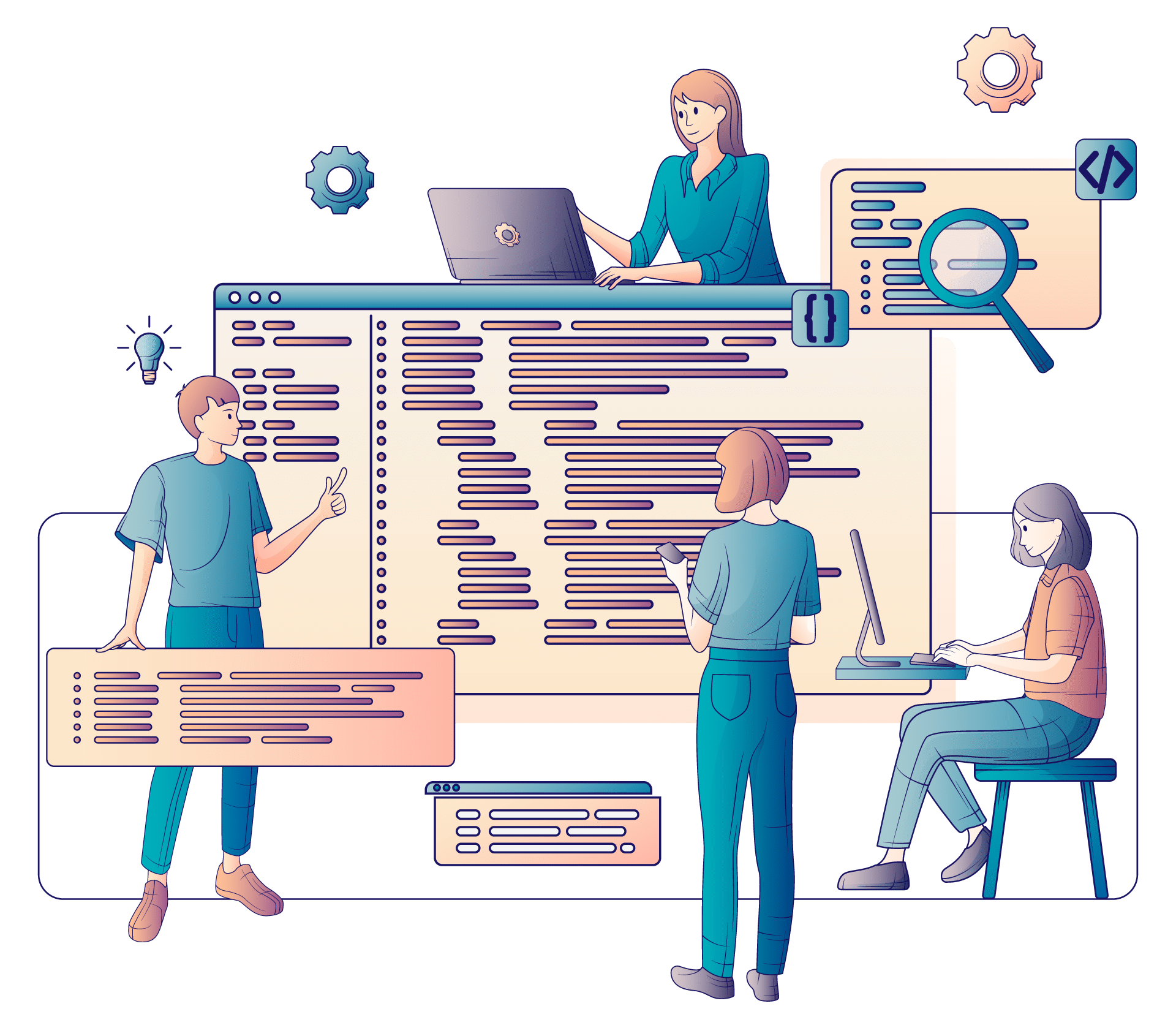 A graphic showing four people working on creating the online casino software.