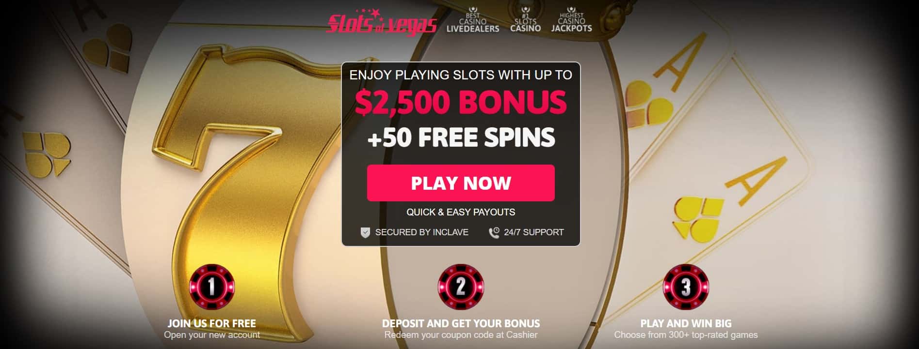 Website banner of Slots of Vegas casino with slot and Aces in gold colors.