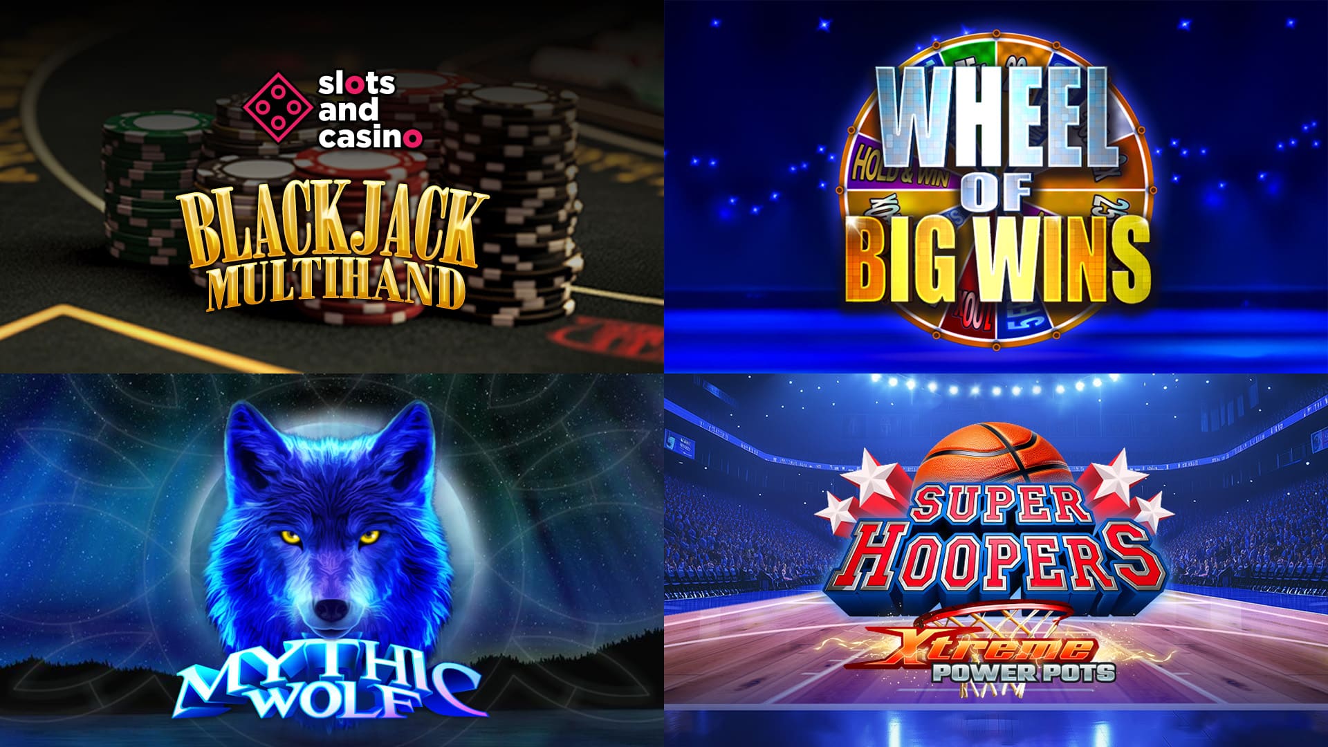 SlotsandVegas online casino game selection featuring Blackjack, Wheel of Big Wins, Mythic Wolf and Super Hoopers.