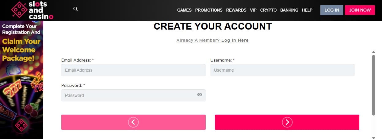 SlotsAndCasino Sign Up page displaying the personal information fields.
