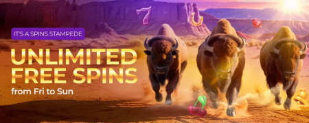Promotional banner showing three charging buffalo in a desert scene with casino symbols floating in the air.