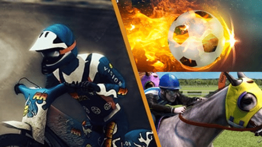 A collage showing three sports: a motorcyclist racing on a dirt track, a flaming soccer ball in motion, and a jockey riding a horse during a race.