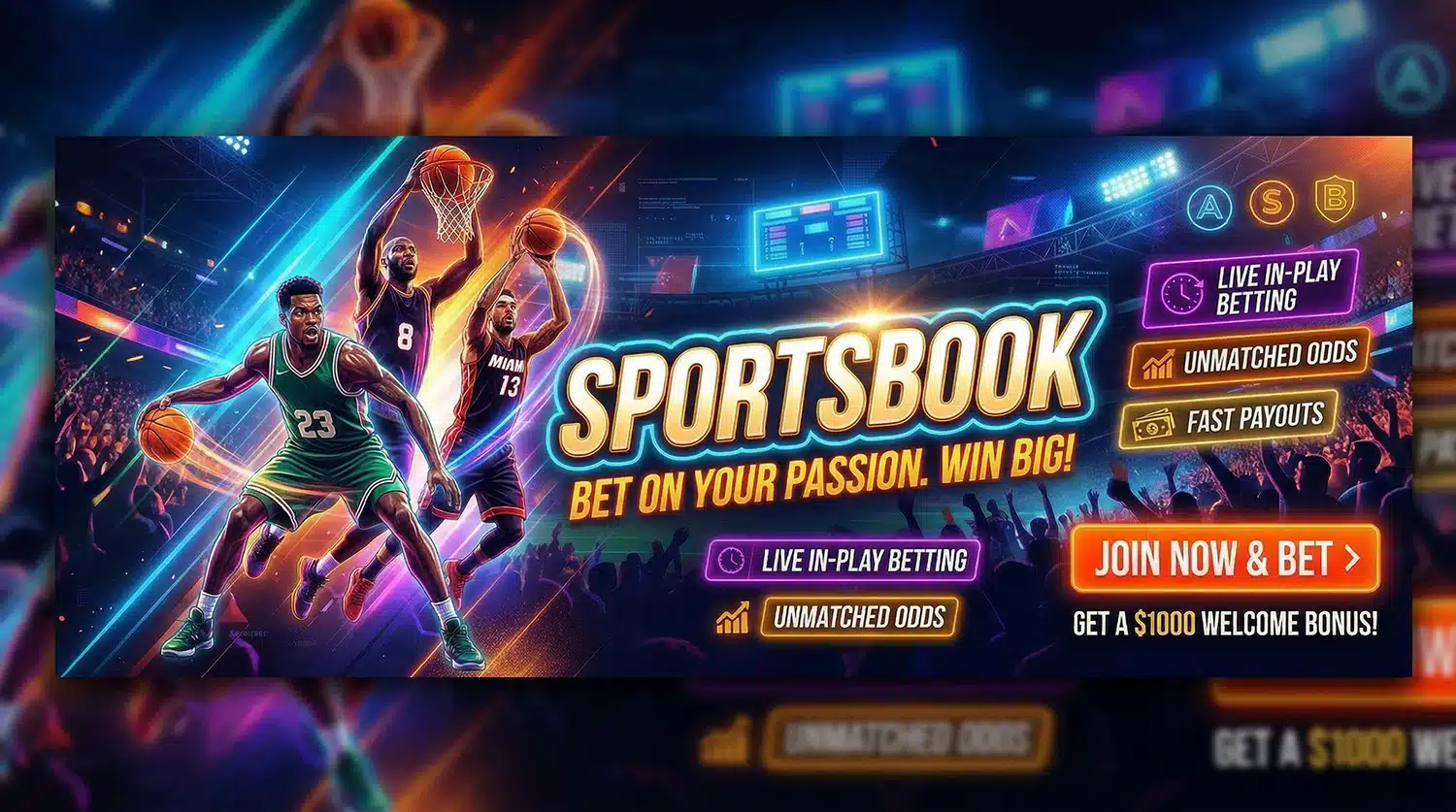 Colorful sportsbook banner with basketball players, live betting features and sportsbook promotion.