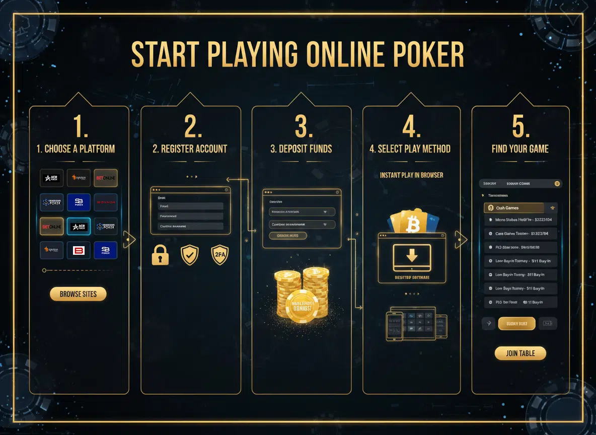 Infographic showing the five steps to start playing online poker: choosing a poker site, creating an account with security elements, making a deposit using cards or Bitcoin with a welcome bonus icon, selecting between desktop download or browser play with mobile devices, and finding a first game in the poker lobby with micro-stakes tables. The design uses a dark casino-themed background with gold and text and digital poker visuals.