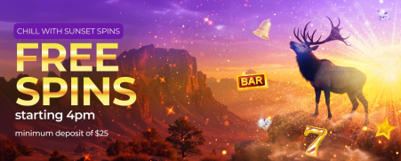 Promotional banner showing a majestic elk in a sunset landscape with casino-themed icons.