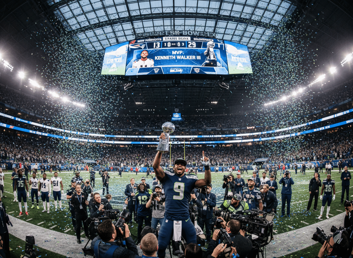 Crowded indoor football stadium during a Super Bowl celebration, with a player holding the Vince Lombardi Trophy amid falling confetti, photographers on the field, and a large video scoreboard displaying game graphics overhead.