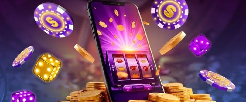 Mobile casino slot machine with gold coins, poker chips, and dice representing online gambling and gaming rewards.