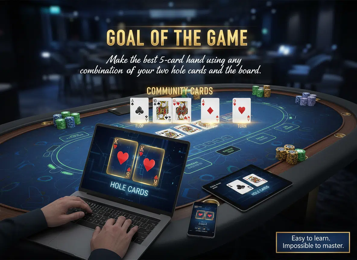 Texas Hold’em poker table showing two hole cards in front of a player and five community cards on the board, with subtle labels for ‘Hole Cards’ and ‘Community Cards.’ A caption reads ‘Make the best 5-card hand using any combination of your two hole cards and the board.’ The scene includes online poker elements like a laptop and mobile device. The design uses deep blue casino-style colors with gold text.