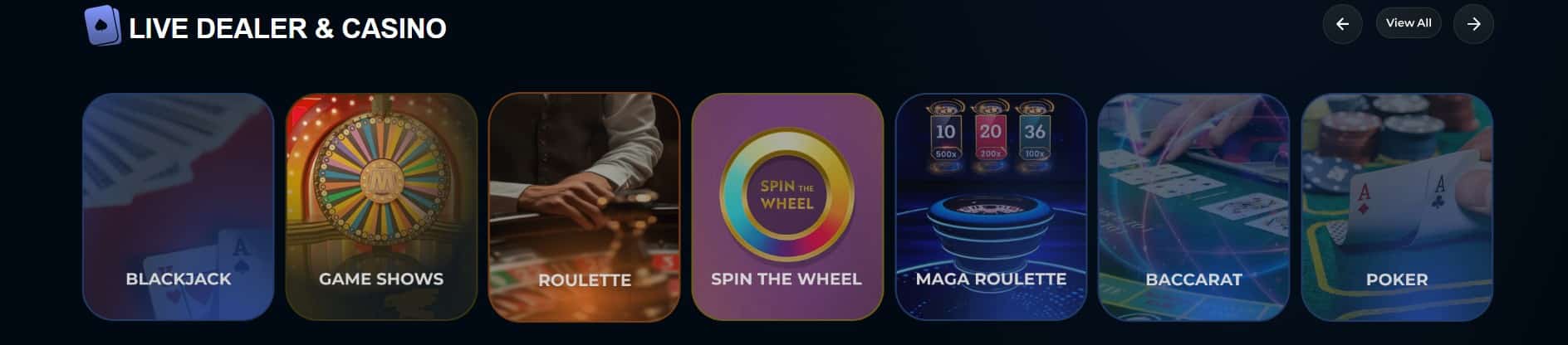 Live Dealer & Casino section of The Vault online casino interface showing category tiles: Blackjack, Game Shows, Roulette, Spin the Wheel, Mega Roulette, Baccarat, and Poker, displayed in a horizontal carousel on a dark background.