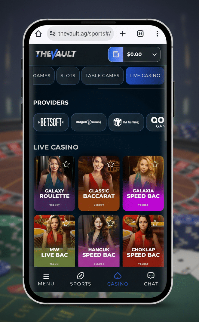 “Mobile view of The Vault Casino website showing the Live Casino section, with provider logos and live dealer game tiles such as Galaxy Roulette, Classic Baccarat, and Speed Baccarat displayed on a smartphone screen.