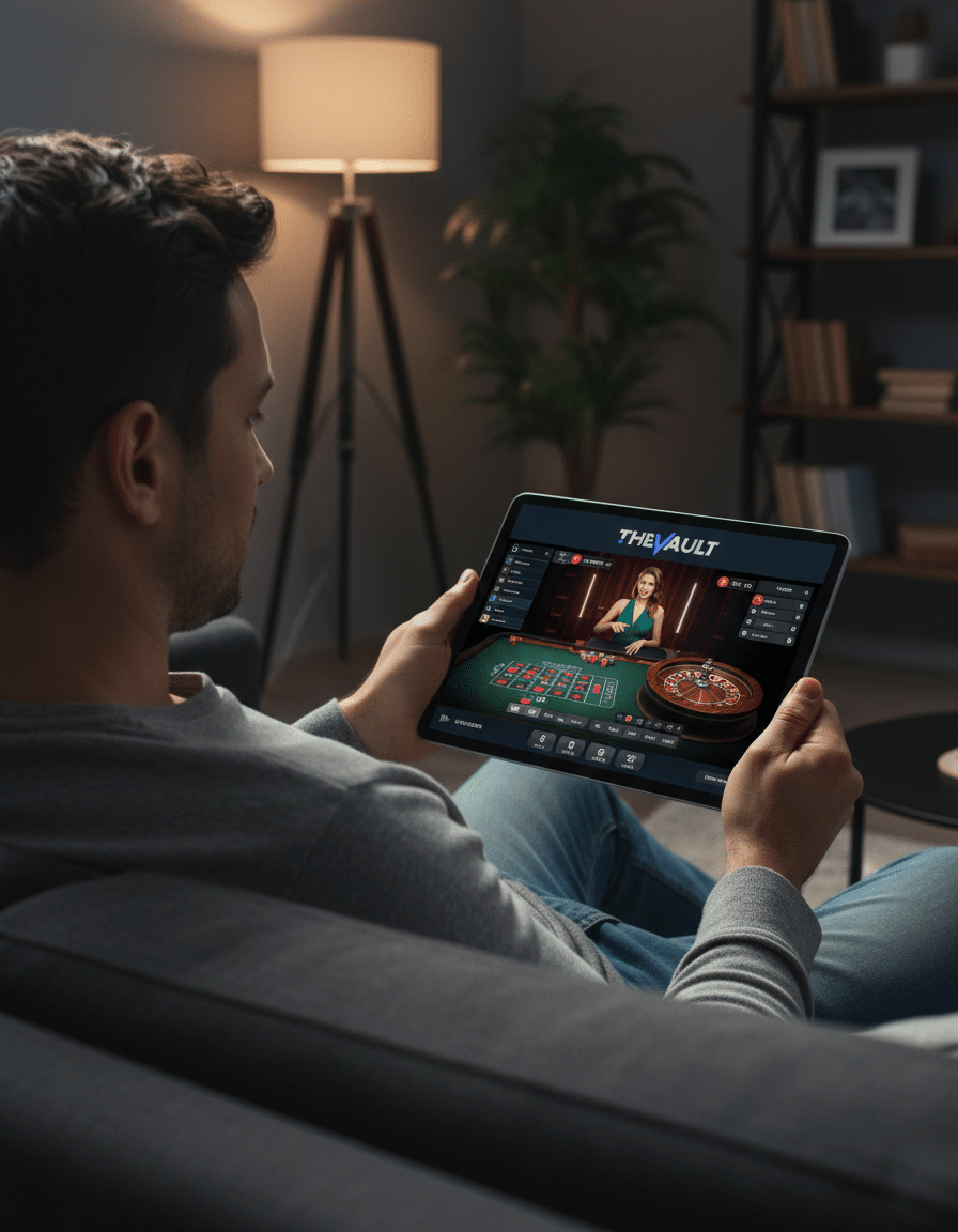 Man sitting on a sofa at home playing live roulette on a tablet using The Vault online casino platform.