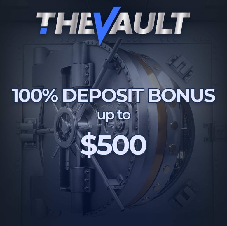 Promotional graphic showing a large metal vault door with the text ‘THE VAULT’ at the top and ‘100% Deposit Bonus up to $500’ in bold lettering.