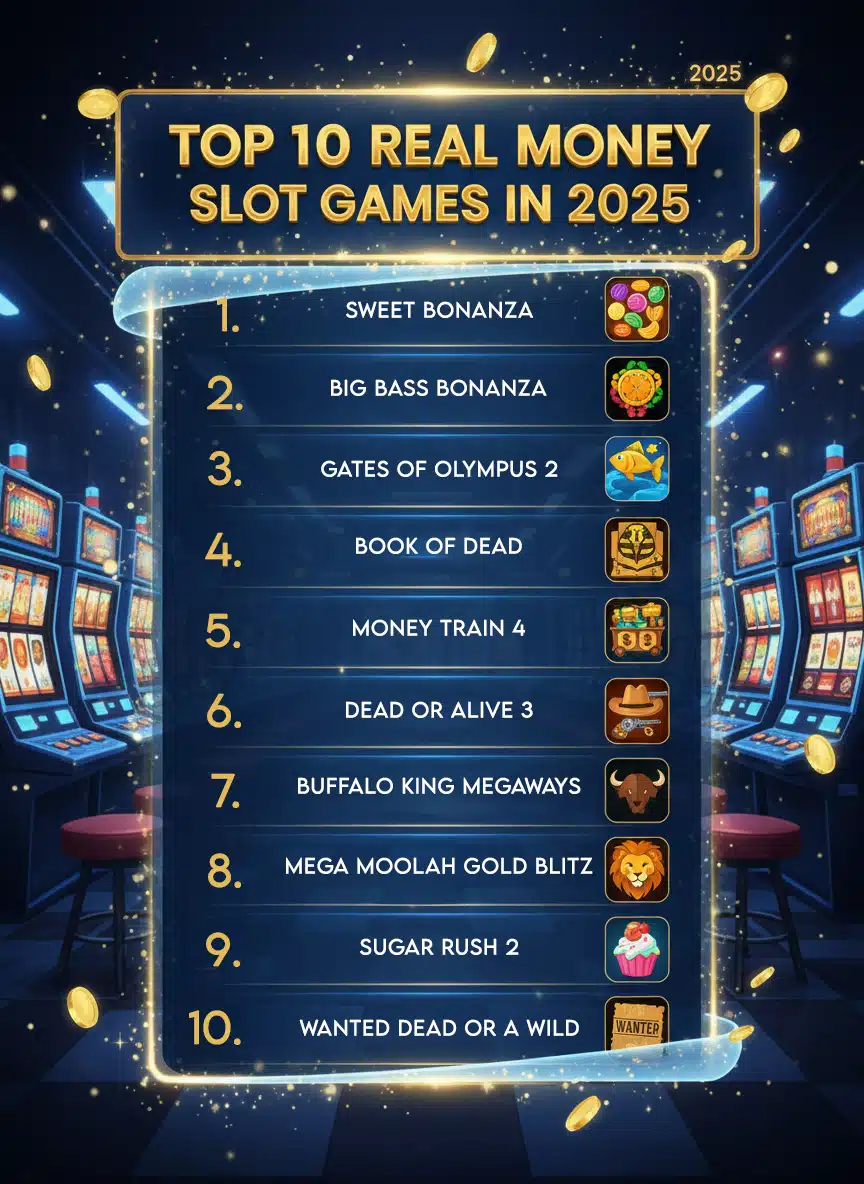 Top 10 real money slot games of 2025 displayed on a glowing casino leaderboard with slot machines in the background.