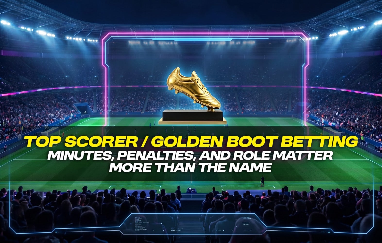 Golden Boot trophy displayed in a futuristic football stadium with neon frame and crowd in the background, featuring the text “Top Scorer / Golden Boot Betting: Minutes, Penalties, and Role Matter More Than the Name
