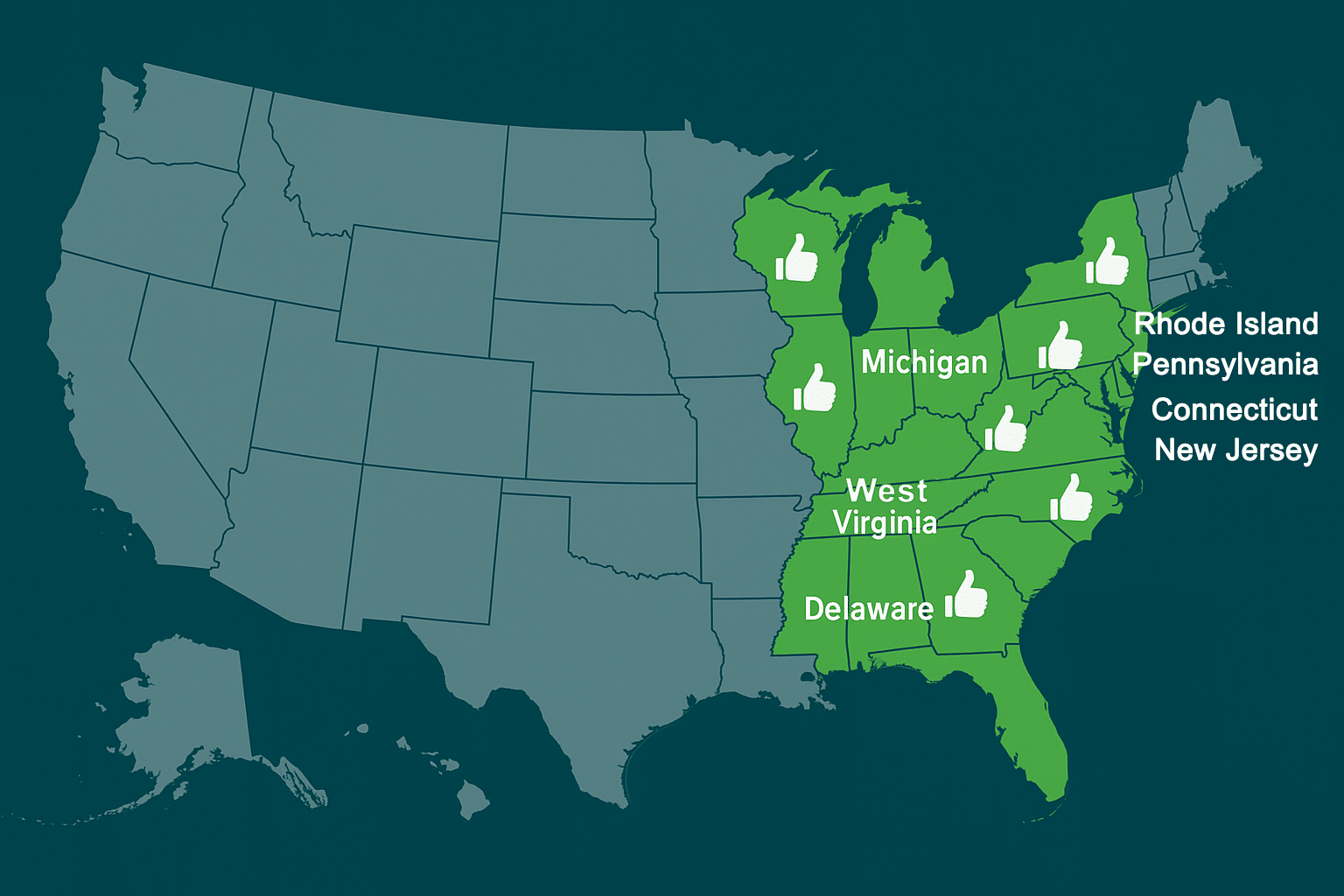 Map of the United States in green colors and the states where you are allowed to play Craps have thumbs up icons
