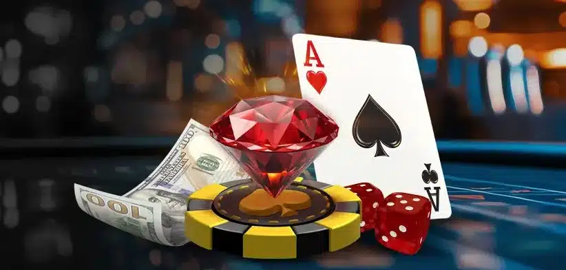 A graphic with casino elements - cards, dice, checkers, money, a diamond, etc.