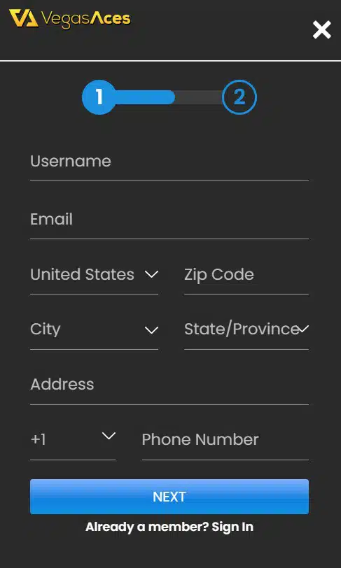 A black banner showing the Vedas Aces casino registration form