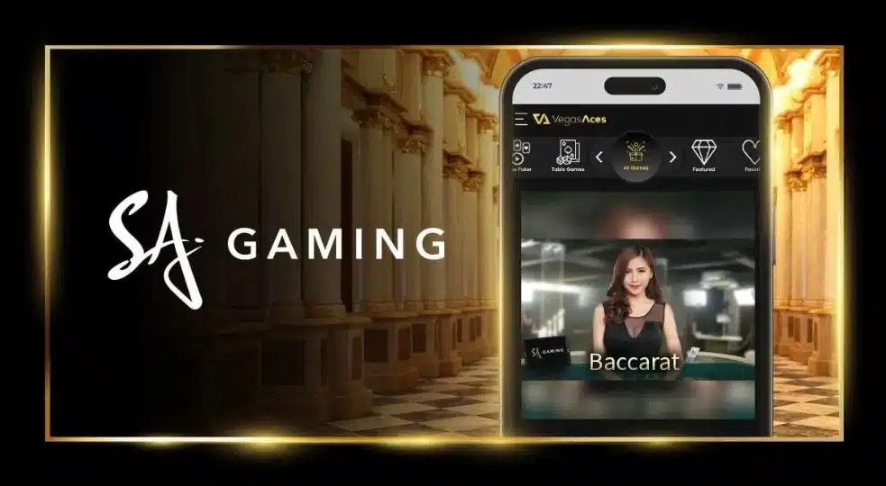A banner with the mobile design of the Vegas Aces casino website and a vision of a live dealer