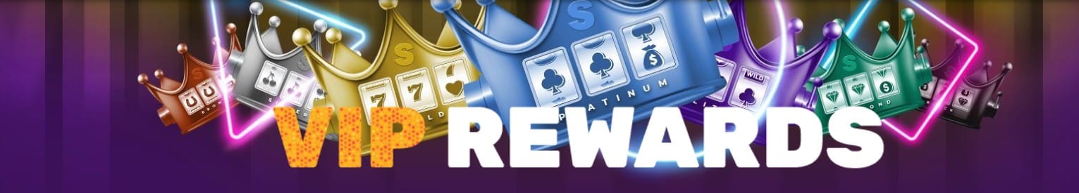Super Slots VIP Rewards banner featuring colorful crowns with slot symbols representing different membership levels like Gold, Platinum, and Diamond.