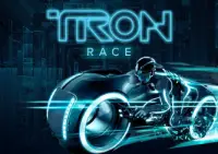 Futuristic neon blue motorcycle rider racing in a digital cityscape, inspired by the Tron universe with the text ‘TRON RACE’ above.