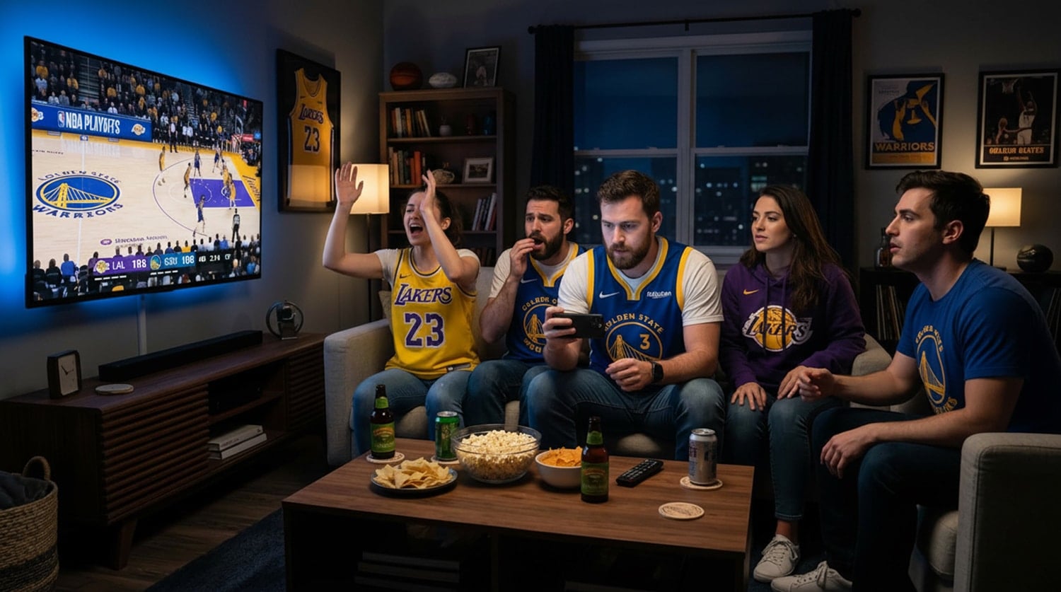 Fans of Lakers and Warriors watching a NBA basketball game together in a living room with snacks.