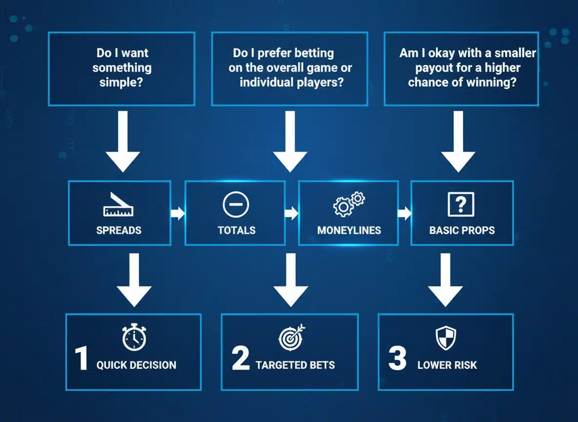 Flowchart on a blue background explaining how to choose a sports bet type, with questions at the top leading to options like spreads, totals, moneylines, and basic props, and outcomes labeled quick decision, targeted bets, and lower risk.