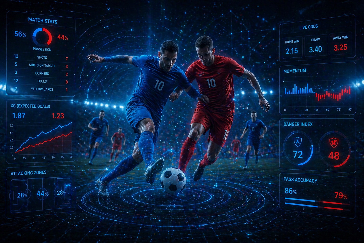 Futuristic football match scene with two teams playing under stadium lights and digital effects