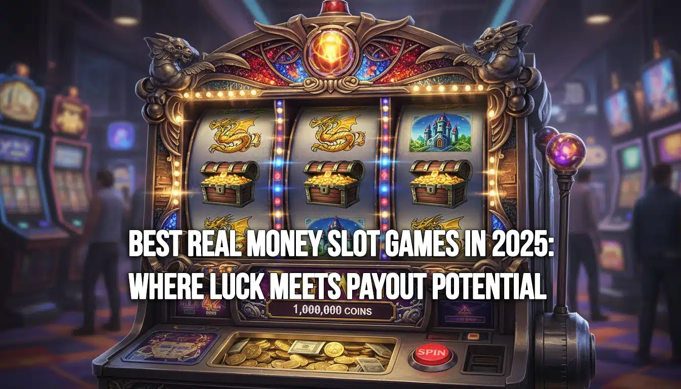 Close-up of a fantasy-themed slot machine showing dragons, treasure chests, and castle symbols, with glowing lights and players in the background, alongside the title ‘Best Real Money Slot Games in 2025: Where Luck Meets Payout Potential.’