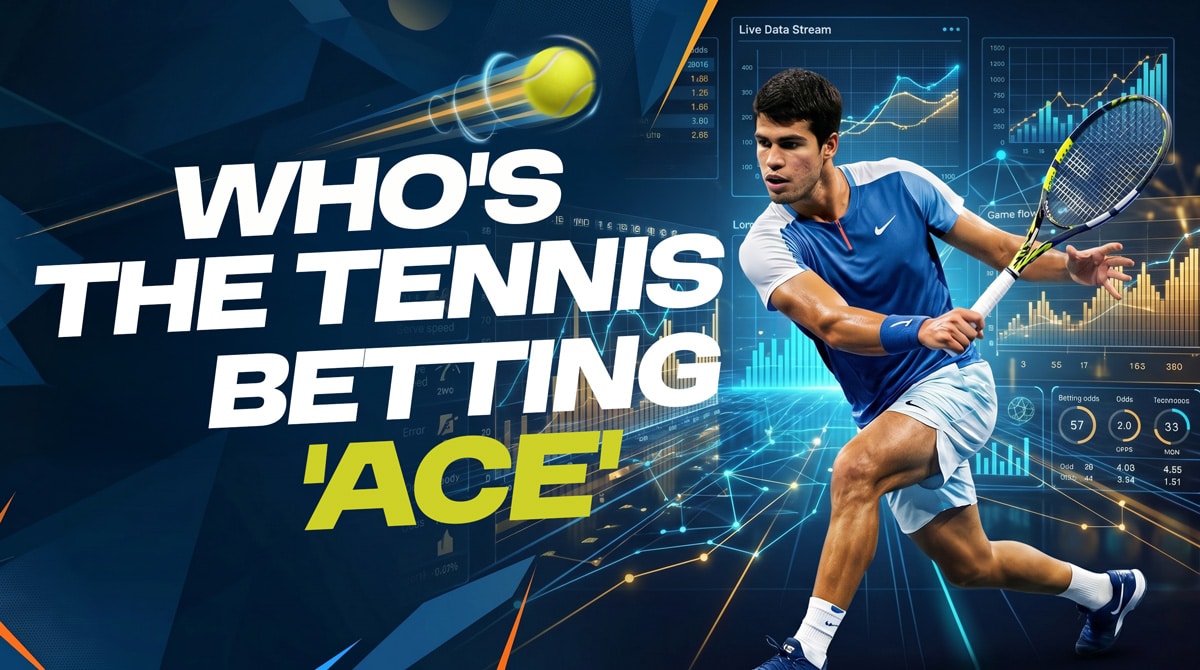 Online tennis betting and sportsbook analysis illustration featuring a tennis player swinging a racket with live betting statistics and data charts in the background.