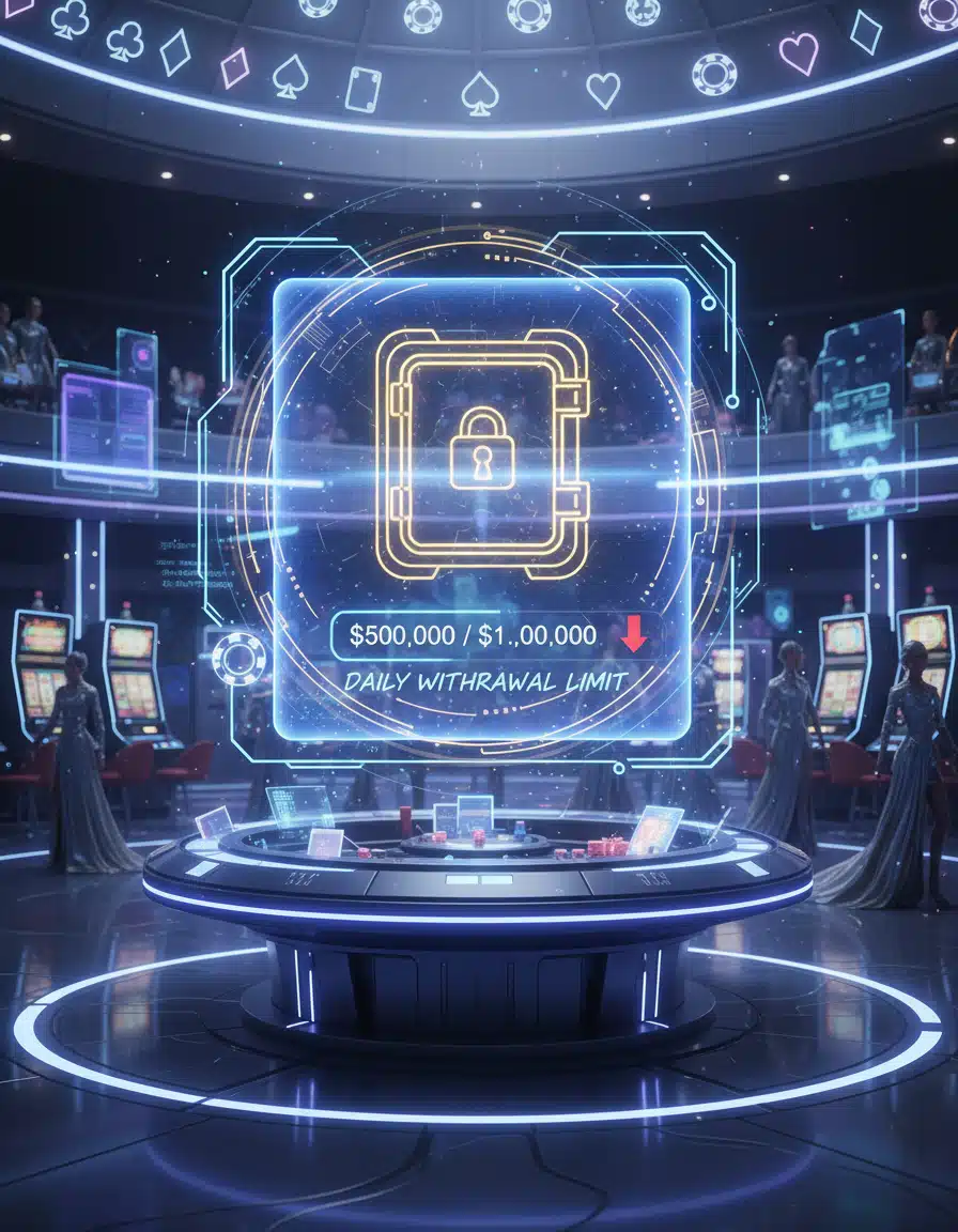 Futuristic casino interior with a glowing digital interface showing a secure vault icon and text indicating daily withdrawal limits, displayed as “$500,000 / $1,000,000.” Slot machines, holographic panels, and casino staff appear in the background, emphasizing financial controls and payout restrictions in a high-tech gambling environment.