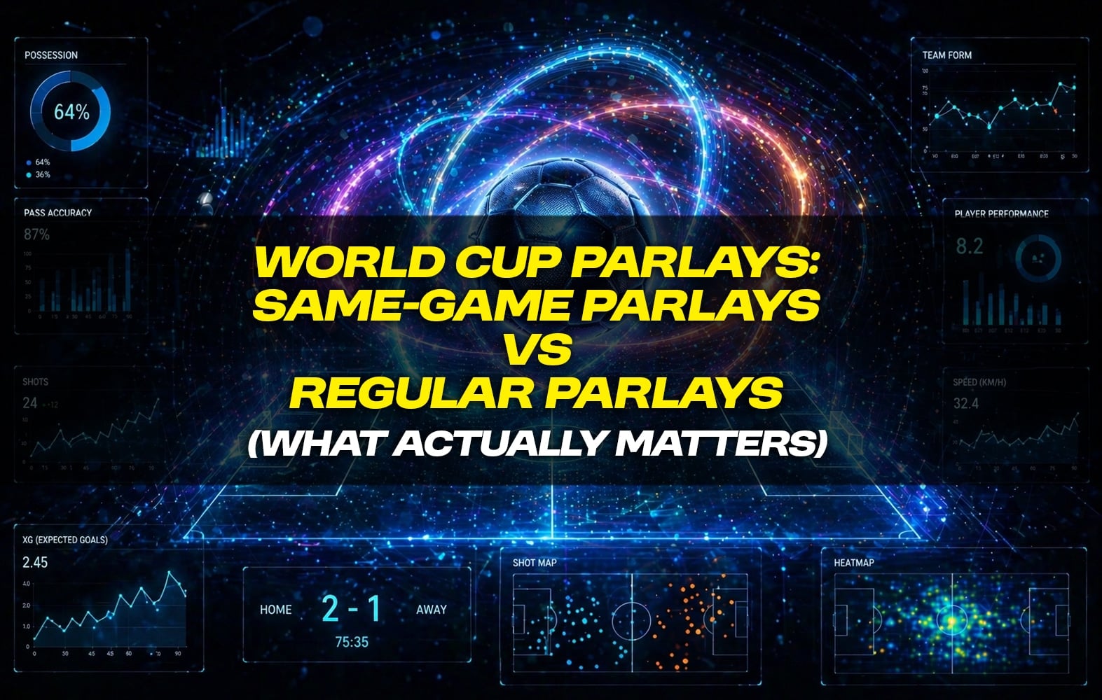 Futuristic glowing soccer ball with colorful interwoven rings, subtle data charts, stats panels, soccer field, and holographic analytics interface