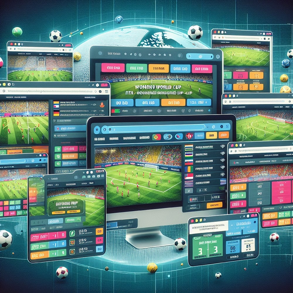 Multiple screens showing live football matches, stats, and World Cup betting platforms interface