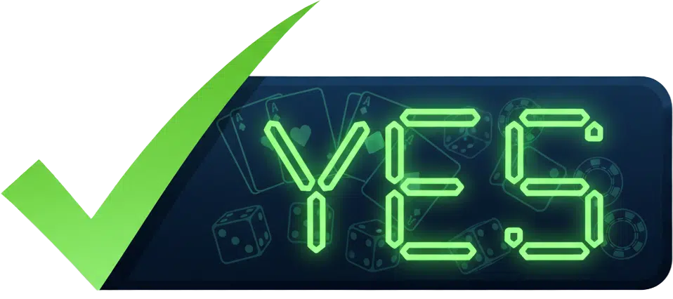 Graphic with a checkmark and the word YES written on a blue background with casino elements